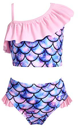 Arshiner Maillot de Bain Deux Pièces pour Enfants Bikini Sirène Tankini à Volants Maillot de Bain Réglable Maillot de Bain Plage Rose 8-9 Ans