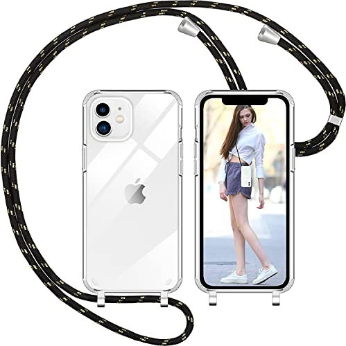 Nupcknn Handykette für iPhone 12/12 Pro Hülle mit Band,Ultra Dünn Transparent Handyhülle (Abnehmbar) Necklace mit Kordel zum Umhängen Kameraschutz Handy Kette Stossfest Schutzhülle(Schwarz Gold,6.1)