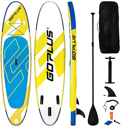 COSTWAY Stand Up Paddling Board, SUP Board aufblasbar, Paddelboard mit Sicherheitsleine, Paddel, Pumpe, Center Finne, Rucksack und Reparaturset (Blau + Gelb, 305 x 76 x 15cm)
