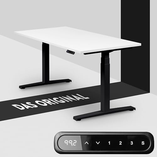 boho office® Höhenverstellbarer Schreibtisch 140 x 80 cm - Elektrisch stufenlos, Memoryfunktion, Kollisionsschutz - Basic Line Schwarz inkl. Tischplatte in Weiß