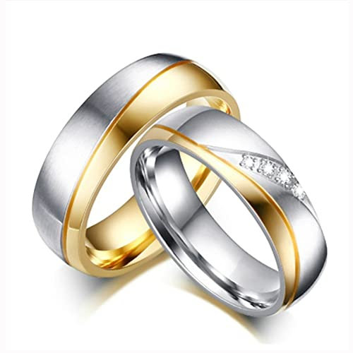 Bishilin Edelstahl Ringe Silber Gold, Hochzeit Ringe mit Stein Hochglanzpoliert Verlobungsringe Paar Ringe Set Damen Gr.49 (15.6) + Herren Gr.60 (19.1)