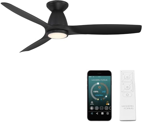 Skylark Smart Indoor and Outdoor 3-Blade Flush Mount Ceiling Fan 54in Matte Black with Adjustable CCT 2700K-3000K-4000K-5000K LED Light Kit and Remote Control works with Alexa and iOS or Android App