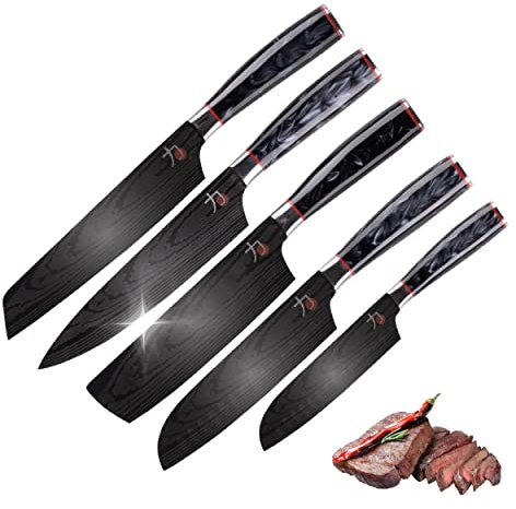 MasterPRO Tetsu | Küchenmesser | Komplettset mit 5 japanischen Messern | Geeignet zum Schneiden aller Arten von Lebensmitteln | Professionelle Küche | Stabilisiert, Gewichtet und Titanbeschichtet