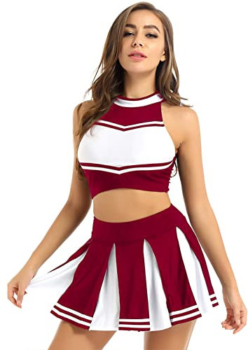 inhzoy Damen Cheerleading Cheer Leader Uniform Rock Crop Top Set Tanz Karneval Fasching Party Halloween Kostüm A_Weinrot M