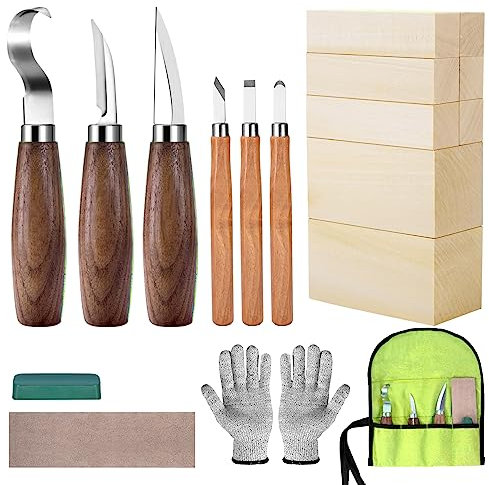 Set de tallado en madera con bloques, set de tallado en madera para adultos y niños principiantes, incluye 6 cuchillos de tallado en madera y 8 bloques y guantes a prueba de cortes.