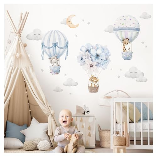 DEKO KINDERZIMMER Wandsticker Safaritiere im Heißluftballon Kinderzimmer Wandtattoo Giraffe Löwe Wandaufkleber Wolken Sterne Babyzimmer Wanddeko DK1059-1