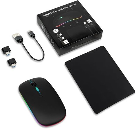 CHARGEWAY Wireless Laptop Mouse With Pad, 2.4GHz Bluetooth Rechargeable, USB-C Adapter, 3-Button PC Mouse, 800-2400 Dpi