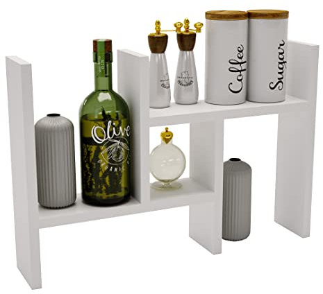 Küchenregal für Arbeitsplatte 40-74 x 44 x 12 cm verstellbares Küchenregal für die Arbeitsplatte aus Holz (Weiß)