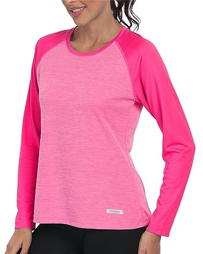 AjezMax UV Shirt Damen Langarm UPF 50+ Outdoor Funktionsshirt mit Rundhals-Ausschnitt Leicht T-Shirt für Laufen Gym Yoga Rosa XL