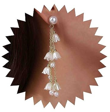 TseenYi Perle Blume Baumeln Ohrring Glocke Orchidee Tropfen Ohrring Gold Perle Lange Quaste Ohrringe Lange Perle Quaste Blume Ohrringe Blume Lange Tropfen Ohrringe Schmuck Für Frauen Und Mädchen