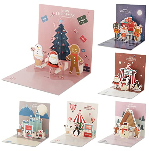 Ainvliya 6 PCS 3D Weihnachtskarten mit Umschlag Set- Pop Up Karte Weihnachten Geschenkset Weihnachtskarten mit Aufklebern und Umschlägen Romantische Geschenkkarten für Familie Freunde Weihnachtsgrüße