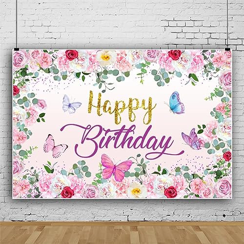 ASDCXZ Geburtstag Foto Hintergrund 2.2x1.5m, Herzlichen Glückwunsch zum Geburtstag Fotowand Hintergrund, Vinyl Rose Blume Blätter Banner Fotobox Hintergrund für Kinder Mädchen Frauen Geburtstag Party