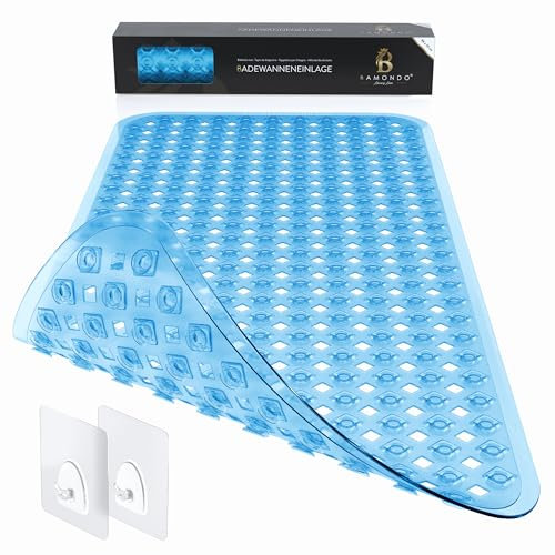 BAMONDO Badewannenmatte rutschfest & hautsensitiv (blau transparent) - 88x39 cm - maschinenwaschbar | schimmelfrei | BPA frei - Antirutschmatte für Badewanne mit Saugnäpfe