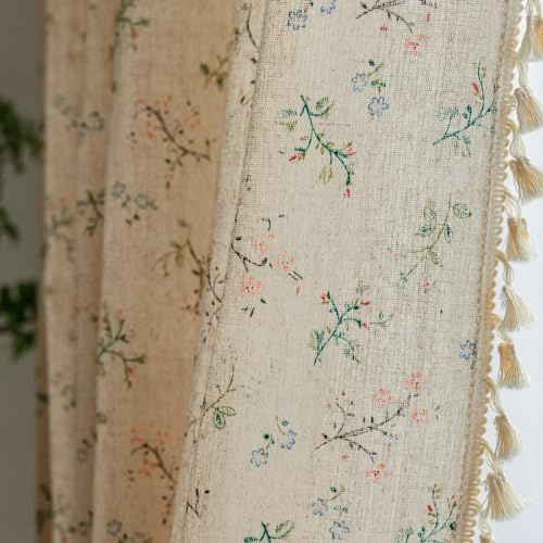 A.Monamour Vorhang Gardine mit Quaste Baumwolle Leinen Blumen Boho Landhaus Halbtransparent Blickdicht Verdunkelnd Rod Tasche Stickerei Stores für Schlafzimmer Wohnzimmer Küche Fenster 1 Stück, blumen