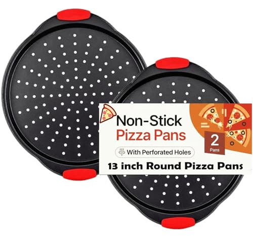 ZOEHROWS 13 Inch Pizza Pan for Oven (2 Pack) Round Pizza Pan with Holes - Non-Stick Carbon Steel Pizza Tray with Silicone Handles - for Cooking, Baking, and Grilling - Dishwasher Safe