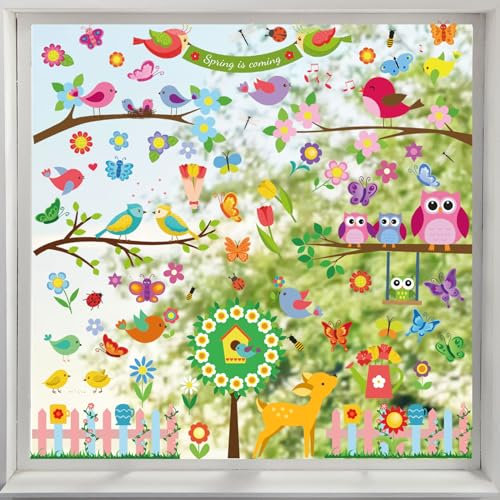 Hianjoo Fensterbilder Frühling Deko, Niedlich Fensterbilder Selbstklebend, Fensterfolie Fensterdeko, Fenstersticker für Kinderzimmer Party Deko, Fensteraufkleber Wiederverwendbare
