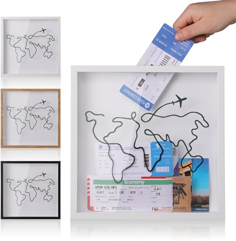 MUXIUNT Travel Adventure Archive Shadow Box For Memories,8&12Inch Concert Travel Ticket Stub Memory Top Loading Shadow Keepsake Box With Slot On Top,life In a Shadow Box Travel Frame (White, 8x8)