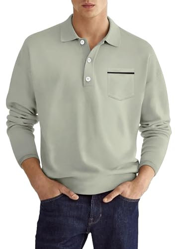 Pink Long-Sleeved Polo Shirt Men - Business Formal Shirt Simple Work Polo Shirts Fashion Golf Polo Shirts Loose Fit Long Sleeve Shirts Collared Long-Sleeved T-Shirt with Buttons Placket