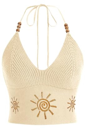 Verdusa Women's Y2k Crochet Tops Going Out Summer Outfits Boho Gothic Halter Top Festival Western Cowgirl Shirts Beige Medium