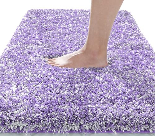 Yimobra Fluffy Plush Bath mat, Super Soft Comfortable Non Slip, Water Absorbent Microfiber Bath Mat, Dries Quickly, Machine Washable Thick Bathroom Floor Rugs for Shower, 43 x 61 cm, Purple and White
