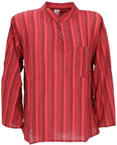 GURU SHOP Nepal Fischerhemd, Gestreiftes Goa Hippie Hemd, Yogahemd - Rot, Herren, Size:XXL
