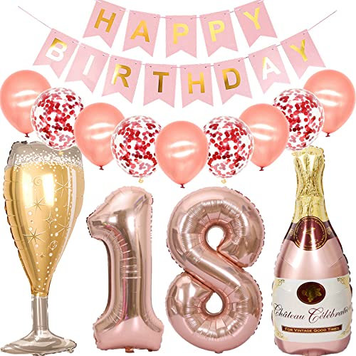 Feelairy Palloncini 18 anni Compleanno Ragazza, Decorazioni 18 anni Oro Rosa, Foil Palloncini Bottiglia Champagne Compleanno 18 Palloncini Bottiglia di Vino per Decorazione Festa di Compleanno 18 anni