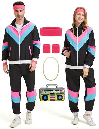Coseaon 80er 90er Jahre Outfit Herren Damen 80er Trainingsanzug Jacke Hose Anzug, 90er Jahre Jogginganzug Herren, Retro 80er Jahre Kostüm für Erwachsene, 80s Tracksuit Men Women für Fasching Karneval