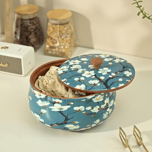 Brick Brown ® Handcrafted Enamel Coated Wooden Almond Blossoms Roti Box | Chapati Box for Kitchen | Hot Pot Casserole for Roti Server Tableware Serving | Case Roti Dabba with Lid (8.5 × 8.5 × 5.5 In)