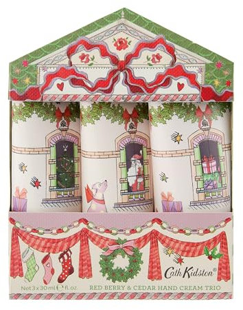 Cath Kidston Pocket Hand Cream Trio 3 x 30 ml, Red Berry and Cedar, Travel Size and Vegan Friendly, Beauty Gift For Her, Christmas Décor and Stocking Filler, A Doll’s House Collection