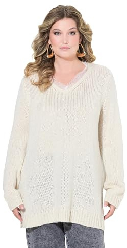 MIAMODA Damen große Größen Übergrößen Plus Size Pullover, Classic Fit, Grobstrick, Ausschnitt mit Spitze Offwhite 50+ 835167200-50+