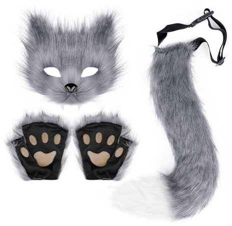 Fgbetcv Katzenmaske und Schwanz-Set, Tier-Maske, pelziger Wolf, langer Schwanz, Cosplay-Kostüm, Verkleiden für Halloween, Weihnachten, Karneval, Bühne (Grau)