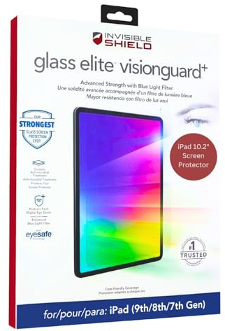 ZAGG InvisibleShield Glass Elite VisionGuard+ - Protector de pantalla para iPad de 10.2 pulgadas de 9ª generación (se adapta a 8ª/7ª generación) – 4 veces más fuerte protección contra arañazos, filtro
