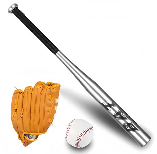 25 Inch Baseball Bat Set Strong Aluminium Baseball Bat Full Size Non-Slip Handle Light Weight Smooth Surface For Youth Adults Outdoor Training Practice Softball Hitting Drills Silver