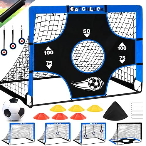 CATCHLUCK Fussballtor Garten, Fussballtore für Garten Kinder Tor Pop Up Fußball Tore mit Zielbereichen, DREI Ziele, Fußball, 6 Hindernisse und Tragetasche, Blau