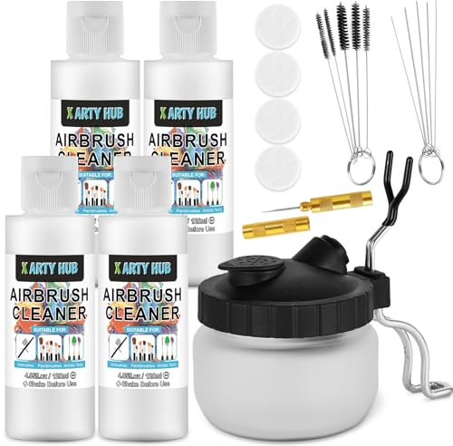 X ARTY HUB Airbrush Cleaning Kit - 4 * 120 ml Airbrush Cleaner with Glass Cleaning Pot, Brushes and Needles Set for Removing Clogged Water-Based Acrylic Paint, Brushes, Artist Tools