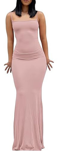 TikTok Robe moulante décontractée basique solide avec bretelles spaghetti pour femme, Rose clair - 1, S