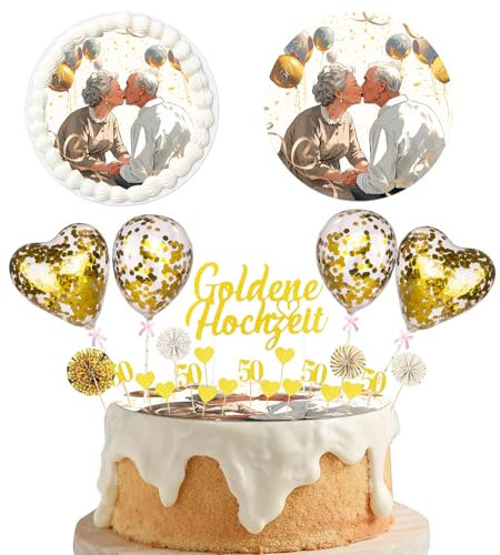 25 Stück Tortendeko Goldene Hochzeit,mit Essbar Tortenaufleger,Goldene Luftballons,Cake Topper Hochzeit,50 Jahre Hochzeitstag Geschenk