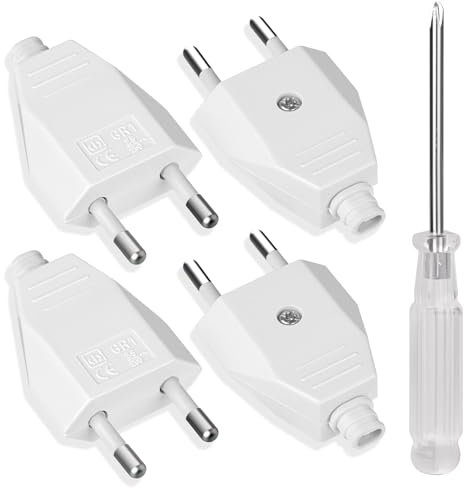 AXFEE Clavija Enchufe Macho Plano, 4 Piezas 250V 2.5A Enchufe Europeo Plano Clavija Plana, Enchu-fe Pla-no Clavija Ench-ufe Macho Bipolar, con Destornillador, para Cable de Alimentación, Blanco