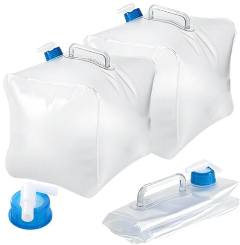 LDHHYH 2PCS 20L Collapsible Water Container with Tap and Lid, Foldable Water Carrier with Handle, Clear Plastic Portable Water Storage Tank for Outdoor Camping Hiking Emergency Use