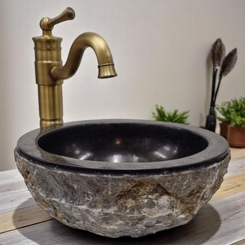 Lavabo de piedra natural de mármol – Accesorio para lavabo en 2 tamaños – mármol claro con exterior grueso tallado (negro – 30 cm de diámetro)