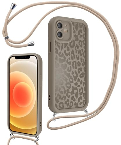 Xylota Coque avec Cordon pour iPhone 12, Aesthetic Léopard Motif Etui avec Réglable Collier Souple Silicone Corde Caméra Protection Bumper Case, Lanyard Antichoc Housse pour iPhone 12 6,1'', Marron