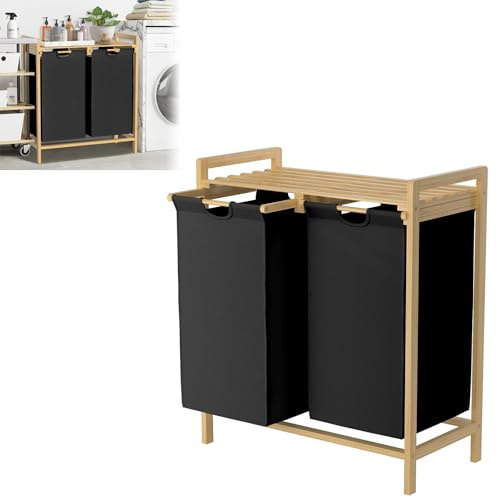 Froadp Panier à linge avec cadre en bambou, sac en tissu Oxford amovible et lavable, 2 compartiments séparés, panier à linge pour la maison, noir, 73 x 64 x 33,5 cm