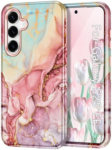 Avocase Compatible with Samsung Galaxy S25 FE Case, Marble Pattern 3 in 1 Heavy Duty Shockproof Full Body Hard PC+Soft Silicone Drop Protective Women Girls Case for Galaxy S25 FE (2025), Rose Gold