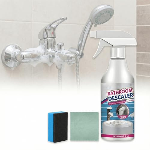 Qublex 2026 New Bathroom Descaler Foam Spray Large 300ml Bottle – Powerful Limescale Remover & Bathroom Cleaner Spray for Home, Shower, Sink & Glass, with Sponge and Cloth for Easy Cleaning