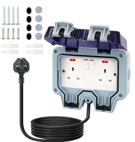 Weatherproof Outdoor Socket IP66 Waterproof Double Socket 10M Extension Lead Switched Wall Electrical Outlet 2 Gang Power Socket,Garden Outside Plug Sockets Cover Box (10M)