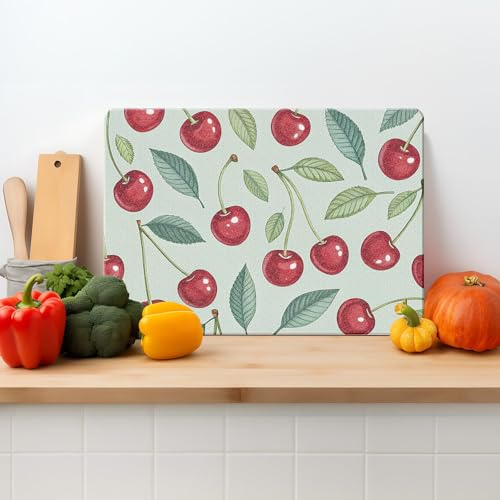 Glass Chopping Board – Textured Tempered Glass Worktop Saver – Botanical Cherries – 39 x 29cm – Non Slip, Easy Clean