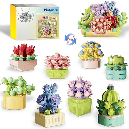 8-in-1 Succulent Mini Building Set – Compatible with Lego, Flowers Botanical Collection for Home Office Decor, 770Pcs Building Blocks Mother‘s Day Birthday Gift for Adults Women Kids Girls 6+