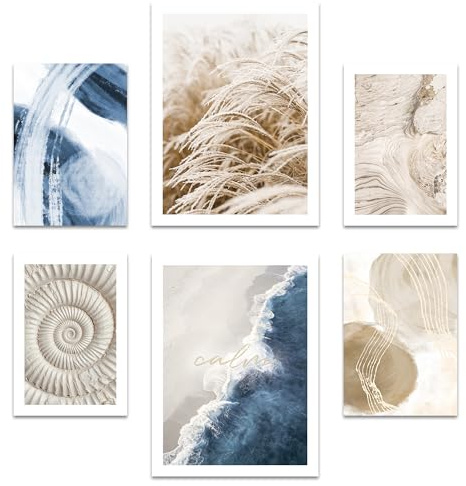 ARTFAVES® Poster Set - Beige Blue Calmness - Gallery Wall Bilderwand Wohnzimmer, Schlafzimmer - 6 moderne Wandbilder Abstrakt, Kunst, Minimalistisch, Natur, Blau - ohne Bilderrahmen