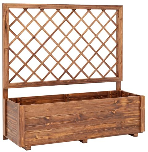 TANGZON Raised Garden Bed with Trellis, Freestanding Solid Wood Planter with Drainage Hole, Outdoor Elevated Trough Planting Support Box for Vine Climbing Plant (Orange, No Liner, 98 x 34 x 104 cm)