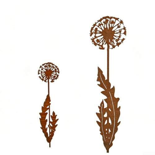 Juego de 2 estacas de jardín de diente de león oxidado, adornos de metal resistentes a la intemperie con acabado vintage para macetas de patio y decoración de patio al aire libre
